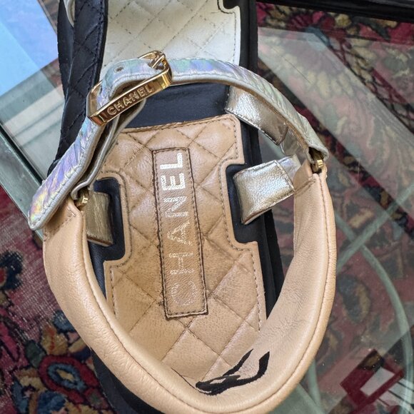 Chanel Dad Sandals Black White Tan Holographic Strap Euro Size 38 US Size 7.5 - Picture 10 of 13